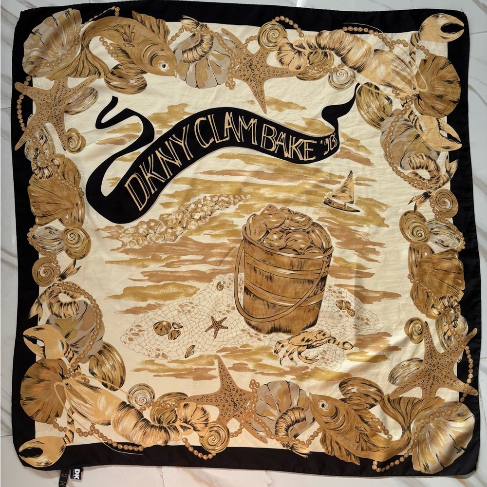 DKNY 1993 Clam Bake Italian Black and Gold Silk Scarf